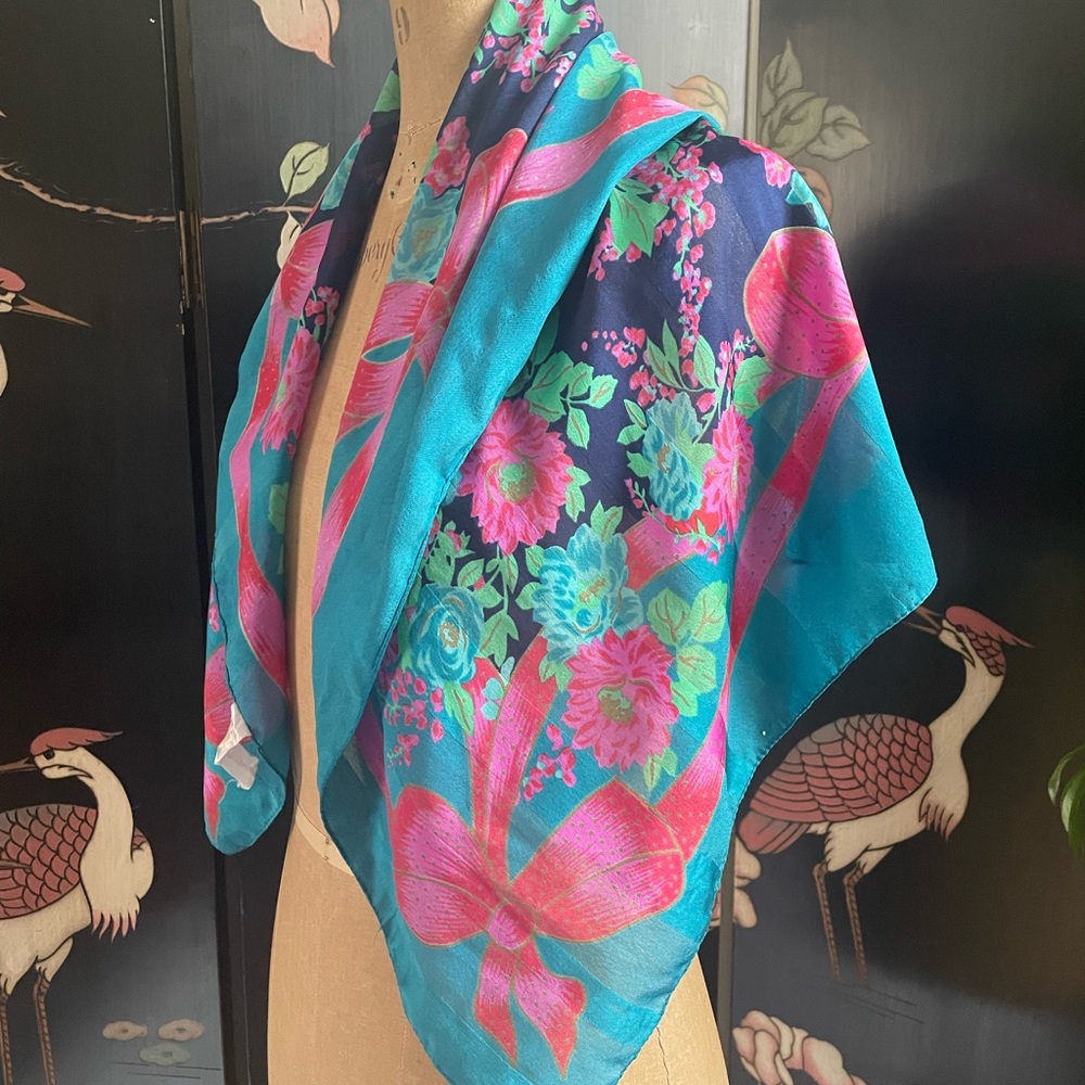 Vintage Italian Scarf Blue & Pink Bow Floral Print Spring 30”